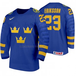 Camiseta Hockey Suecia Albin Eriksson Segunda 2020 IIHF World Junior Championship Azul