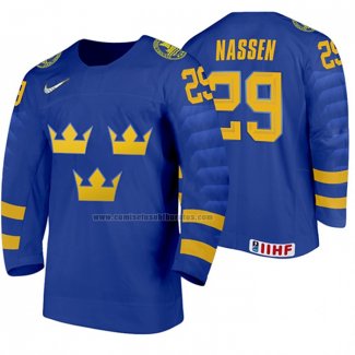 Camiseta Hockey Suecia Linus Nassen Segunda 2020 IIHF World Junior Championship Azul