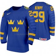 Camiseta Hockey Suecia Mario Kempe Segunda 2020 IIHF World Junior Championships Azul
