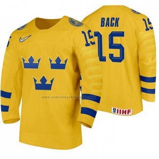Camiseta Hockey Suecia Oskar Back Primera 2020 IIHF World Junior Championship Amarillo