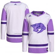 Camiseta Hockey Nashville Predators Blank Practice Autentico 2018 Fights Cancer Blanco Violeta