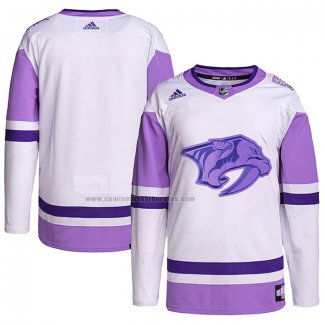 Camiseta Hockey Nashville Predators Blank Practice Autentico 2018 Fights Cancer Blanco Violeta