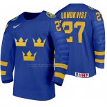 Camiseta Hockey Suecia Nils Lundkvist Segunda 2020 IIHF World Junior Championship Azul