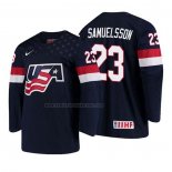 Camiseta Hockey USA Mattias Samuelsson 2018 IIHF World Championship Jugador Azul