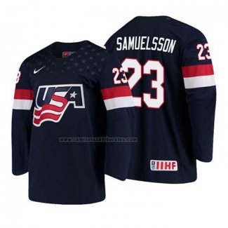 Camiseta Hockey USA Mattias Samuelsson 2018 IIHF World Championship Jugador Azul