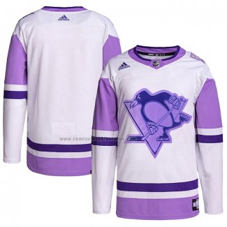 Camiseta Hockey Pittsburgh Penguins Blank Practice Autentico 2018 Fights Cancer Blanco Violeta