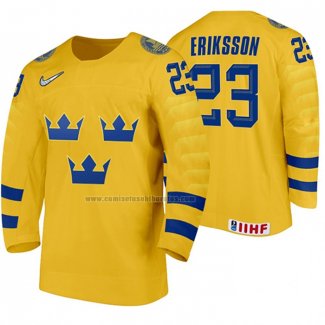 Camiseta Hockey Suecia Albin Eriksson Primera 2020 IIHF World Junior Championship Amarillo