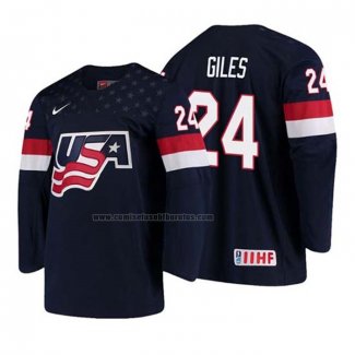 Camiseta Hockey USA Patrick Giles 2018 IIHF World Championship Jugador Azul