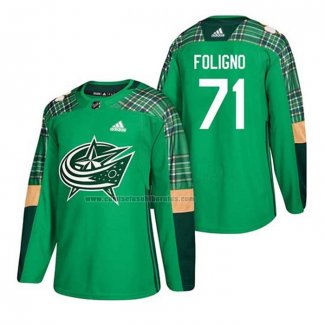 Camiseta Hockey Columbus Blue Jackets Nick Foligno 2018 Dia de San Patricio Verde
