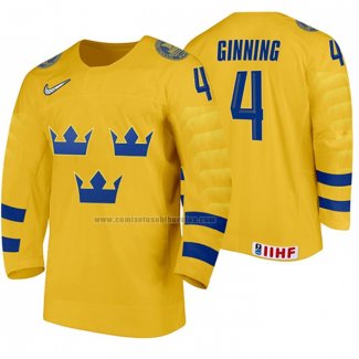 Camiseta Hockey Suecia Adam Ginning Primera 2020 IIHF World Junior Championship Amarillo