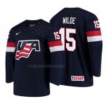 Camiseta Hockey USA Bode Wilde 2018 IIHF World Championship Jugador Azul