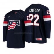 Camiseta Hockey USA Cole Caufield 2018 IIHF World Championship Jugador Azul