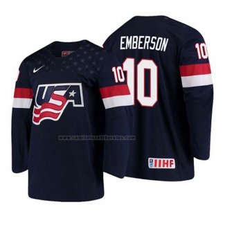 Camiseta Hockey USA Ty Emberson 2018 IIHF World Championship Jugador Azul