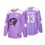 Camiseta Hockey Columbus Blue Jackets Cam Atkinson Autentico 2018 Fights Cancer Violeta