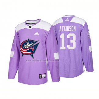 Camiseta Hockey Columbus Blue Jackets Cam Atkinson Autentico 2018 Fights Cancer Violeta