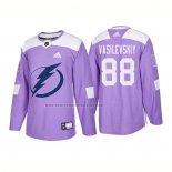 Camiseta Hockey Tampa Bay Lightning Andrei Vasilevskiy Autentico 2018 Fights Cancer Violeta