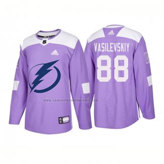 Camiseta Hockey Tampa Bay Lightning Andrei Vasilevskiy Autentico 2018 Fights Cancer Violeta