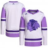 Camiseta Hockey Chicago Blackhawks Blank Practice Autentico 2018 Fights Cancer Blanco Violeta