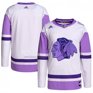 Camiseta Hockey Chicago Blackhawks Blank Practice Autentico 2018 Fights Cancer Blanco Violeta