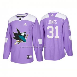 Camiseta Hockey San Jose Sharks Martin Jones Autentico 2018 Fights Cancer Violeta