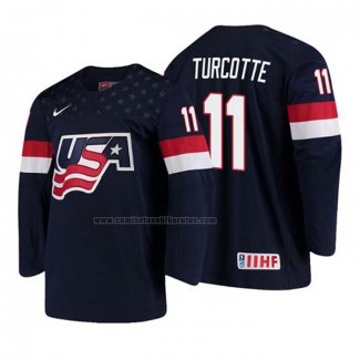 Camiseta Hockey USA Alex Turcotte 2018 IIHF World Championship Jugador Azul