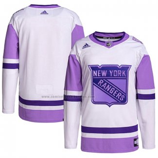 Camiseta Hockey New York Rangers Blank Practice Autentico 2018 Fights Cancer Blanco Violeta