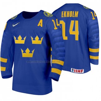Camiseta Hockey Suecia Mattias Ekholm Segunda 2020 IIHF World Junior Championships Azul
