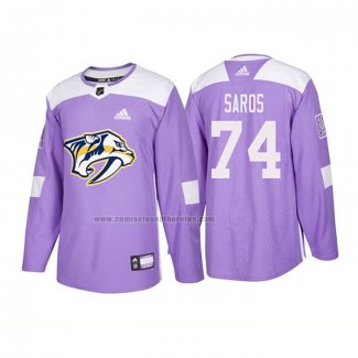 Camiseta Hockey Nashville Predators Juuse Saros Autentico 2018 Fights Cancer Violeta