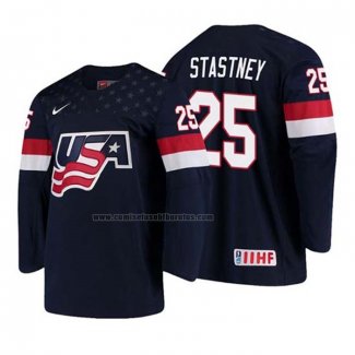 Camiseta Hockey USA Spencer Stastney 2018 IIHF World Championship Jugador Azul