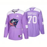 Camiseta Hockey Columbus Blue Jackets Joonas Korpisalo Autentico 2018 Fights Cancer Violeta