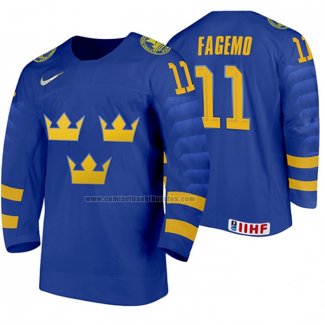 Camiseta Hockey Suecia Samuel Fagemo Segunda 2020 IIHF World Junior Championship Azul