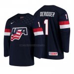 Camiseta Hockey USA Drew Deridder 2018 IIHF World Championship Jugador Azul