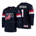 Camiseta Hockey USA Drew Deridder 2018 IIHF World Championship Jugador Azul
