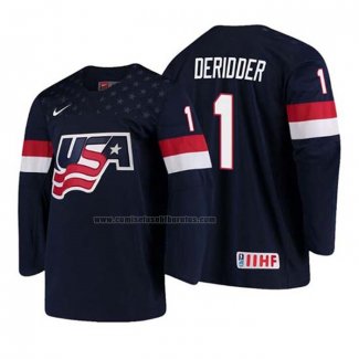 Camiseta Hockey USA Drew Deridder 2018 IIHF World Championship Jugador Azul
