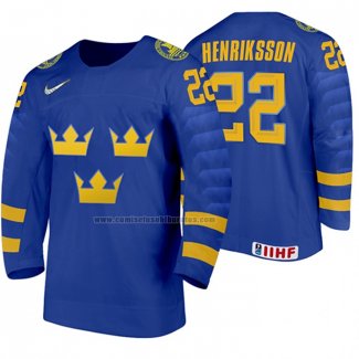 Camiseta Hockey Suecia Karl Henriksson Segunda 2020 IIHF World Junior Championship Azul