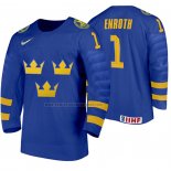 Camiseta Hockey Suecia Jhonas Enroth Segunda 2020 IIHF World Junior Championships Azul
