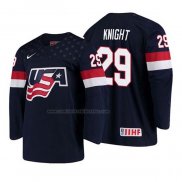 Camiseta Hockey USA Spencer Knight 2018 IIHF World Championship Jugador Azul