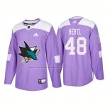 Camiseta Hockey San Jose Sharks Tomas Hertl Autentico 2018 Fights Cancer Violeta